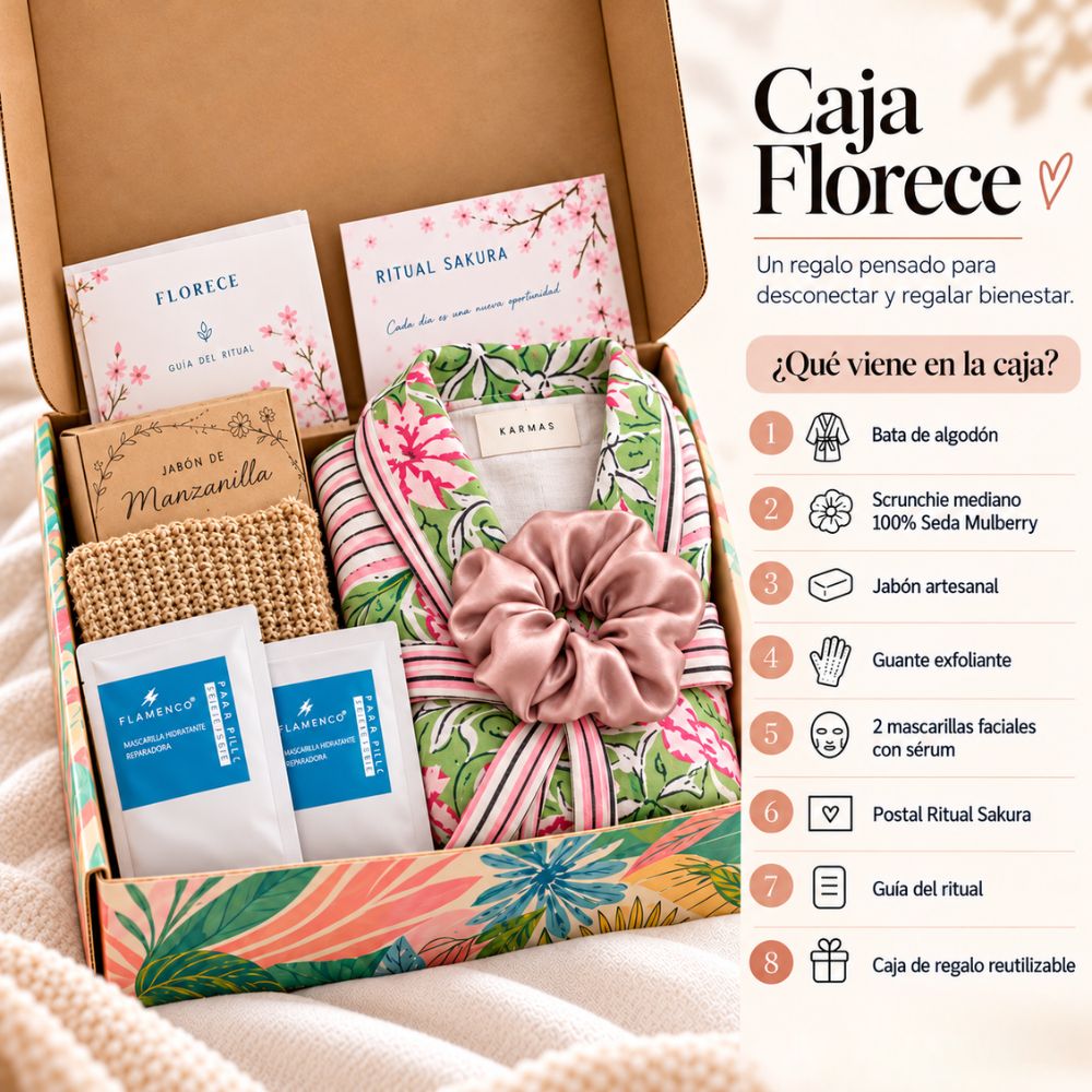 Caja de regalo Florece · bata, scrunchie de seda y skincare