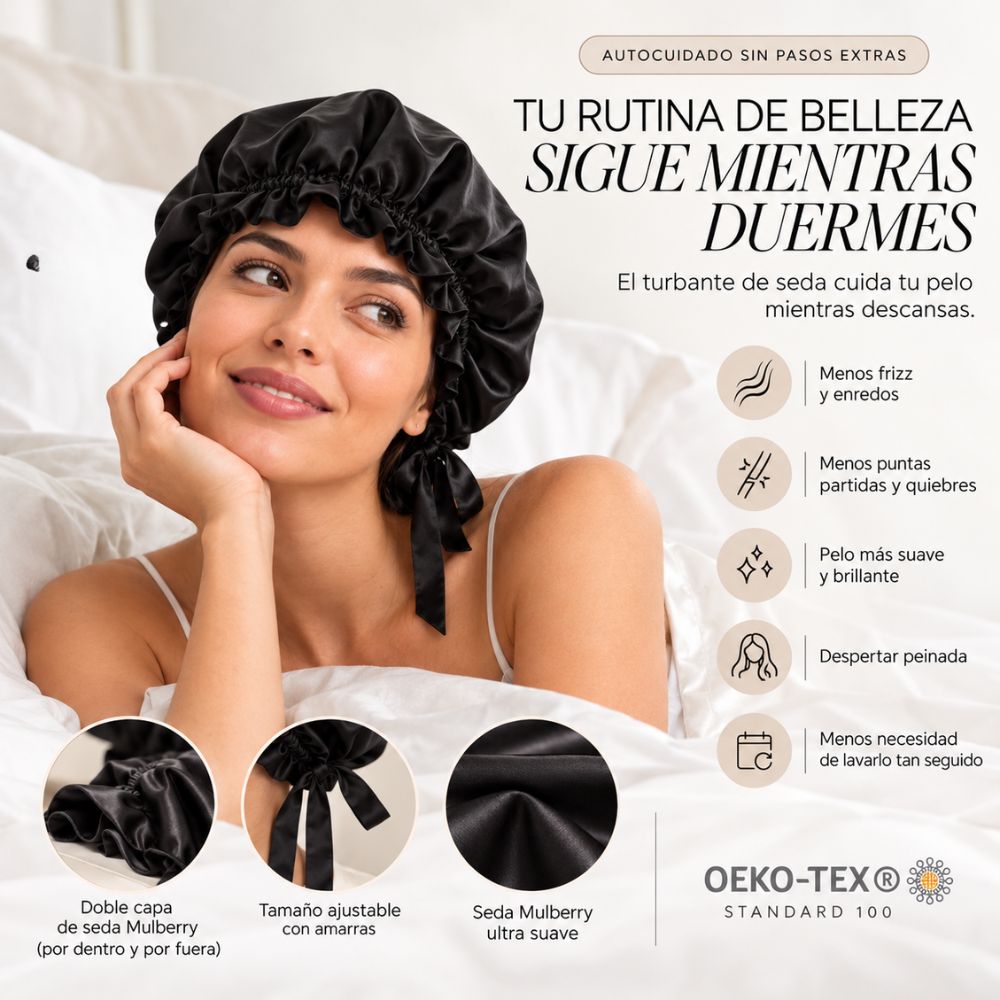 Gorro de seda para dormir (turbante) · doble capa · borde ajustable